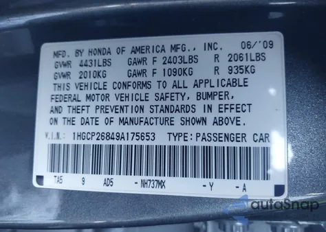 2009 Honda Accord 2.4 Ex-L from USA, damaged, VIN 1HGCP26849A175653
